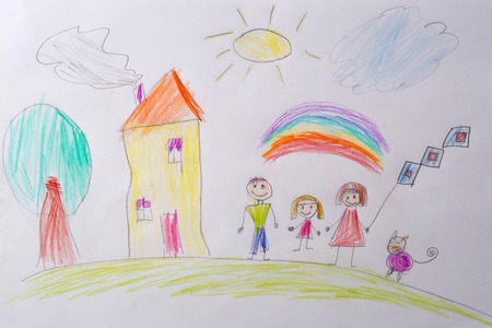 Childrens drawing My Happy Family . The concept of child psychology. Psychological testing of the child using the picture.の写真素材
