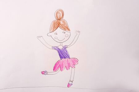 Childrens drawing with colored pencils - girl ballerina. A childhood dream of becoming a ballerina.の写真素材