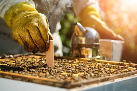 Varroa mite control. Varroa destructor. How to treat bees from varroa mite. The beekeeper treats the bees of the varroa mite. Diseases of bees and their treatment. Varroasis.の写真素材