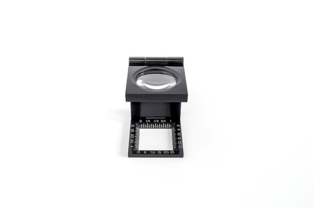 The magnifying glass standing usage for test printing. isolated on white background.の写真素材