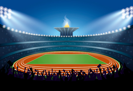 Excited Crowd of People at Athletics Stadium. Athletics Arena. Ceremony Event Athletes on Torch Background. Vector Illustrationのイラスト素材