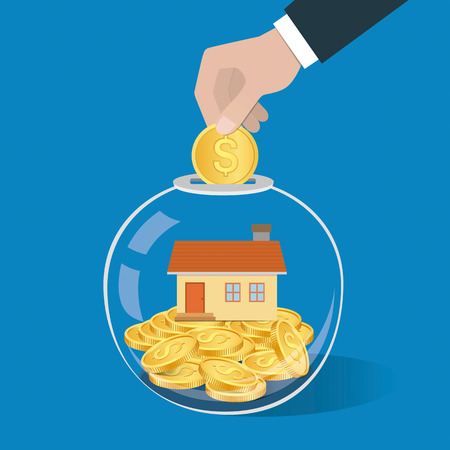 Money saving concept. Hand putting a coin into glass bottle. Saving to buy a house or home. Vector illustration.のイラスト素材