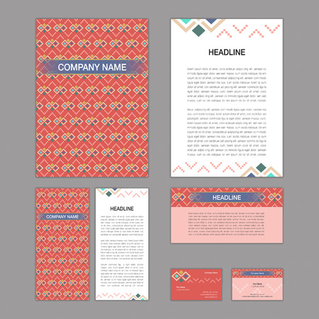 Set of abstract brochure templates. leaflet, banner, flyer, business card. Ethnic boho seamless patterns. Retro color style patterns. Vector illustration.のイラスト素材