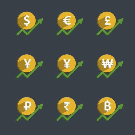 Set of coins and finance graph, currency rising, dollar, euro, pound sterling, yen, yuan, won, rubles, rupee, thai baht. Vector illustration.のイラスト素材