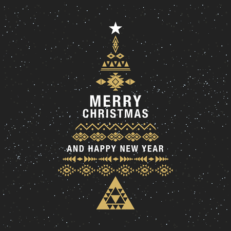Christmas greeting card or invitation, black background with stars light. Ethnic boho design.Vector illustration.のイラスト素材