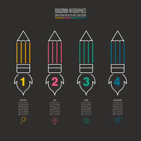 Education infographics template 4 step option. Pencil and rocket symbol timeline infographic design vector and marketing icons for presentation, workflow layout, diagram, annual report, web design.のイラスト素材
