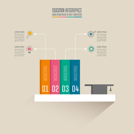 Education infographics template 4 step option. Books and graduation cap on shelf with timeline infographic design vector and marketing icons for presentation, workflow layout, diagram, annual report, web design.のイラスト素材