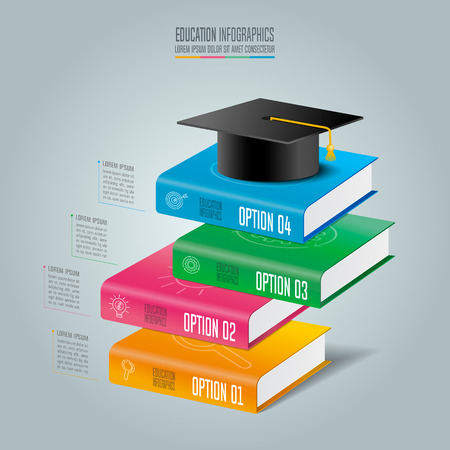 Education infographics template 4 step option. Graduation cap and books with timeline infographic design vector and marketing icons for presentation, workflow layout, diagram, annual report, web design.のイラスト素材