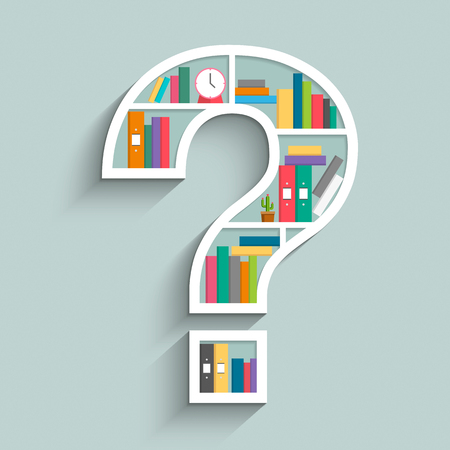 Bookshelf in form of question mark with colorful books, clock and cactus on blue pastel color background. Flat design. Vector illustration.のイラスト素材
