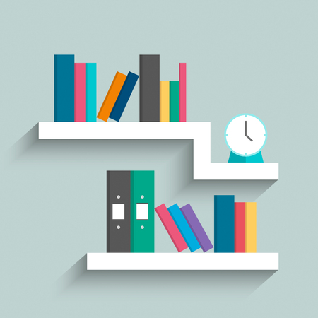 Bookshelf with colorful books and clock on blue pastel color background. Flat design. Vector illustration.のイラスト素材