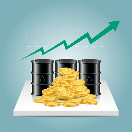 Oil industry concept. Oil price growing up graph with oil tank and dollar coins. Financial markets. vector illustration.のイラスト素材
