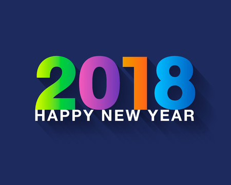Happy new year 2018 text design. Colorful modern text with long shadow on dark blue background. Vector illustration.のイラスト素材