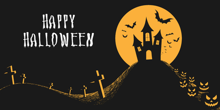 Halloween night background with castle, full moon, scary pumpkins, bats and graveyard. Happy halloween banner or greeting card. Vector illustration.のイラスト素材