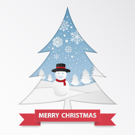 Merry Christmas and Happy New Year greeting card. Snowman with snowflake and winter background. Paper art style, vector illustration.のイラスト素材
