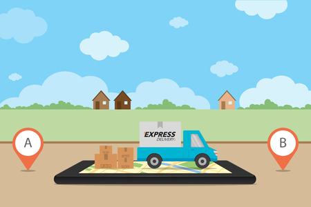 Express delivery concept. Checking delivery service app on mobile phone. Delivery pickup with cardboard box on mobile phone and city background. Vector illustration.のイラスト素材