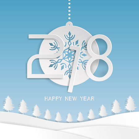 Happy new year 2018 text design with snowflake winter background. Greeting card or invitation paper art style. Vector illustration.のイラスト素材