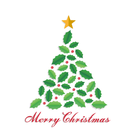 Merry christmas and winter season greeting card tree shape with leaves and star paper art style.のイラスト素材