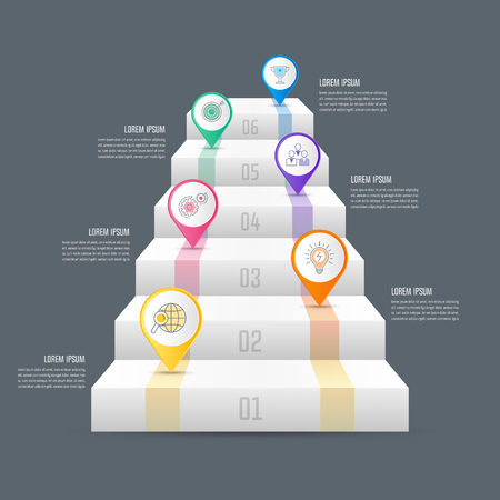 Creative concept for infographic with 6 options, parts or processes. Timeline infographic business design and marketing icons for presentation, annual report, diagram, workflow layout and web design.のイラスト素材