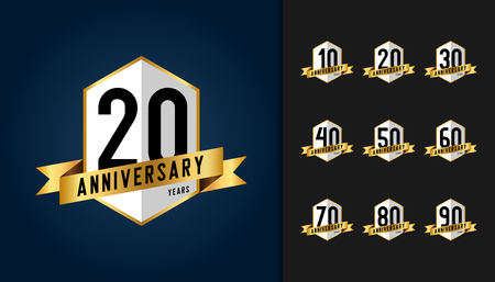 Set of anniversary emblem. Golden anniversary celebration emblem with ribbon designのイラスト素材