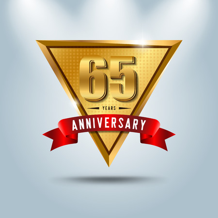 65 years anniversary celebration logotype. Golden anniversary emblem with red ribbon. Design for booklet, leaflet, magazine, brochure, poster, web, invitation or greeting card. Vector illustration.のイラスト素材