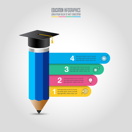 Education infographics template 4 step option. Graduation cap and pencil with timeline infographic design vector and marketing icons for presentation, workflow layout, diagram, annual report, web design.のイラスト素材