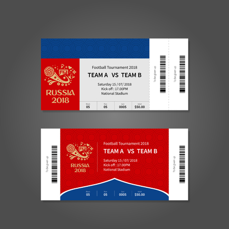 Russia 2018. Football or soccer ticket design template with modern traditional elements. Vector illustration.のイラスト素材