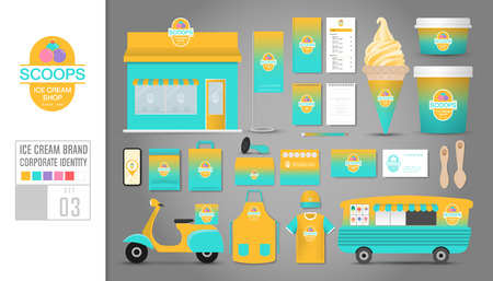 Corporate identity template Set 3. Logo concept for ice cream shop, cafe, restaurant. Realistic mock up template set of shop, car, t-shirt, apron, cap, cup, menu, rubber stamp, scooter, coupon, package, cardboard, name card, bunting.のイラスト素材