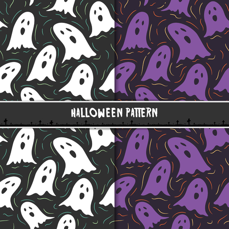 Halloween seamless pattern with cute cartoon ghosts. Design for background, wallpaper or gift wrapping paper. Vector illustration.のイラスト素材