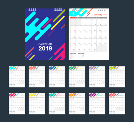 2019 Colorful Calendar. Desk Calendar modern design template. Week starts Sunday. A5 or A4 paper size. Vector illustration.のイラスト素材