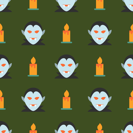 Halloween seamless pattern with ghost and candle on dark green background. Design for background, wallpaper or gift wrapping paper. Vector illustration.のイラスト素材