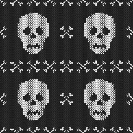 Halloween knitted pattern. Seamless Knitting Texture with skull and bone. Design for sweater, scarf, comforter or clothes texture. Vector illustration.のイラスト素材