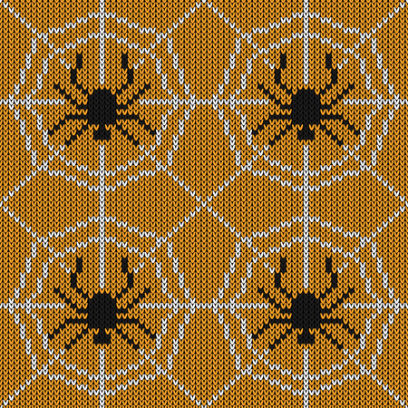 Halloween knitted pattern. Seamless Knitting Texture with spider and web. Design for sweater, scarf, comforter or clothes texture. Vector illustration.のイラスト素材