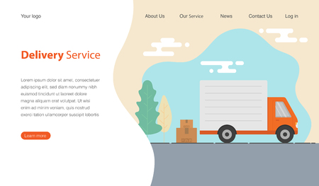 Website template design for delivery service company. Truck and cardboard boxes with fragile signs. Vector illustration.のイラスト素材