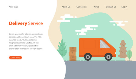 Website template design for delivery service company. Van and cardboard boxes with fragile signs. Vector illustration.のイラスト素材