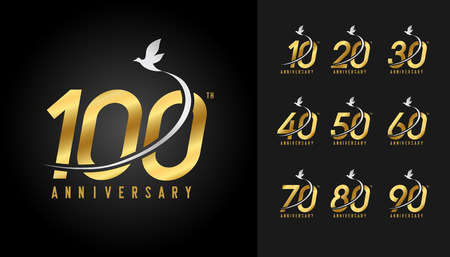 Set of anniversary logotype. Golden anniversary celebration with flying bird. Design for company profile, booklet, leaflet, magazine, brochure poster, web, invitation or greeting card. Vector illustration.のイラスト素材