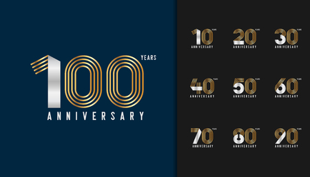 Set of anniversary logotype. Golden and silver anniversary celebration emblem design for company profile, booklet, leaflet, magazine, brochure poster, web, invitation or greeting card. Vector illustration.の素材 [FY310126067174]