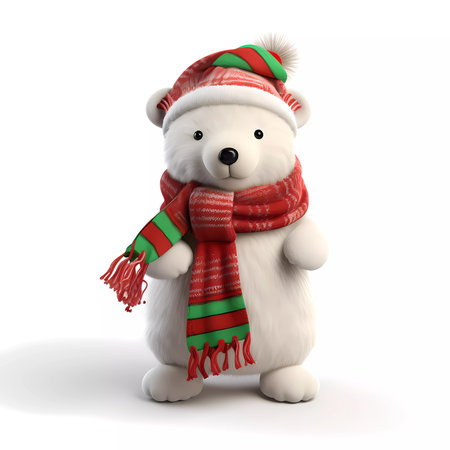 Cute Polar bear with Christmas hat and scarf. Happy new year and Merry Christmas. Happy holiday. 3d rendering.の素材