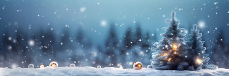 Happy new year and Merry Christmas background. Close up Christmas tree with ornament decoration on snow background. panoramic with copy space.の素材