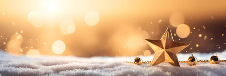 Happy new year and Merry Christmas background. Christmas ornaments star shape on snowy. panoramic with copy space.の素材
