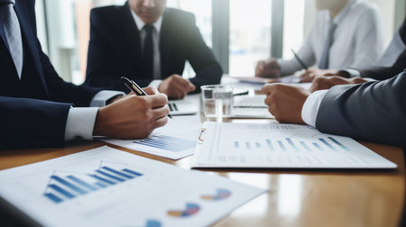 Business people meeting and brainstorming the financial report chart data in office. Business partners presenting deal benefits at group meeting.の素材