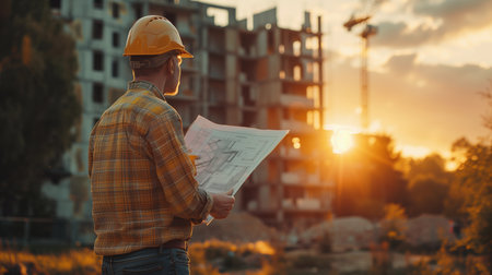 Professional technician foreman holding blueprints construction site plan. Engineer construction working at construction site. Construction and business workflow of new buildings. Generative AI.の素材