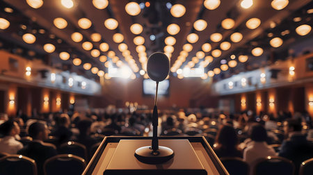 Back side view of microphone on podium at business conference room. Close-up microphone on podium.の素材