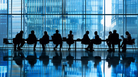 Group of business people brainstorming in a conference room. Silhouettes of business people working and communicating together in an office.の素材