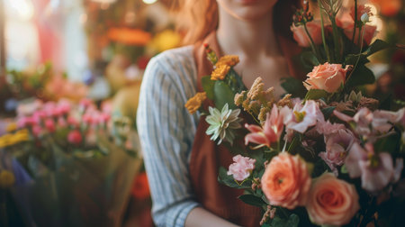 Small business. Female florist making decorations and arrangements in flower shop. Flowers delivery, creating order. Floral design studio.の素材
