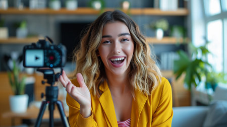 Happy female teenager influencer talking to camera at home. Young woman working as vlogger for internet social networks. Generative AI.の素材