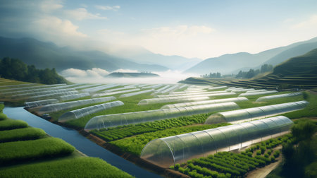Organic vegetable farm in the greenhouse among the valleys. Organic for health food.の素材