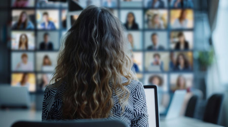 Back view of businesswoman talking with coworkers using video call on laptop discuss work project online. Online group video chat.の素材