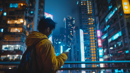 Young Asian man uses smartphone at night on the rooftop of a modern office building. Male using mobile phone for social media posting. Generative AI.の素材