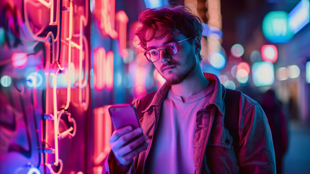 Young man using smartphone Standing in the night city street full of neon lights. Male using mobile phone for social media posting. Generative AI.の素材
