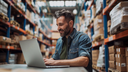 Small business. Owner working on laptop computers in warehouse, Filled with cardboard parcels ready for postage.の素材